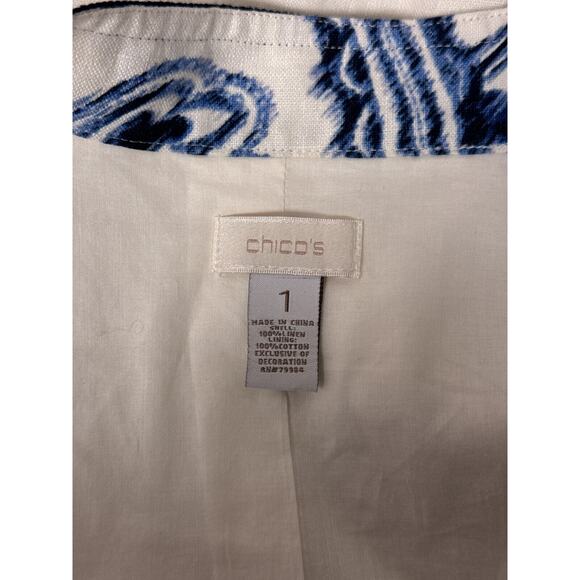 Chicos Jacket 1 / Medium Womens Linen White & Blue Paisley Spring Summer - Picture 7 of 7